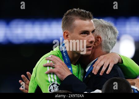 Andriy Lunin lors de la finale de la Ligue des Champions 2024 entre le Borussia Dortmund et le Real Madrid (Maciej Rogowski) Banque D'Images