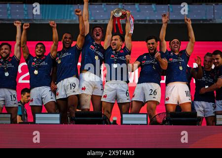 Madrid, Espagne. 02 juin 2024. Finales du Championnat de rugby à sept le dernier jour. FINALE MASCULINE, France 7s 1ère place du tournoi. Des équipes du monde entier s'affrontent ce week-end dans la finale très attendue du Rugby Sevens Championship, mettant en valeur leur vitesse, leurs compétences et leur stratégie dans un tournoi passionnant et rapide. Les spectateurs sont censés remplir les stands, créant une atmosphère électrique sur le site. Crédit : Enriquepsans/Alamy Live News Banque D'Images