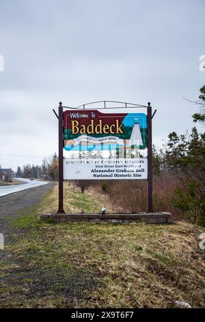 Bienvenue au panneau Baddeck en Nouvelle-Écosse, Canada Banque D'Images