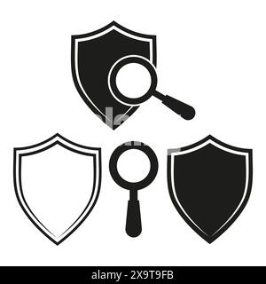 Icônes du bouclier de sécurité. Symboles de loupe. Illustrations vectorielles noires. Protection et fouille. Illustration de Vecteur