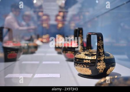 Pékin, Chine. 2 juin 2024. Les visiteurs regardent des paniers de laque lors d'une exposition d'œuvres d'art du patrimoine culturel immatériel de la route de la soie maritime du comté de Yongchun de Quanzhou, dans la province du Fujian, dans le sud-est de la Chine, au Musée national d'art de Chine à Beijing, capitale de la Chine, le 2 juin 2024. Crédit : Song Weiwei/Xinhua/Alamy Live News Banque D'Images