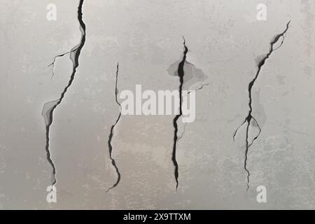 Fissures 3D réalistes sur le mur de béton gris. Ensemble d'illustration vectorielle de différentes divisions cassées sur la surface de ciment. Pierre grunge avec fracture endommagée. Fente de destruction ou fente de démolition. Illustration de Vecteur