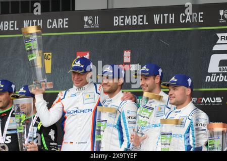 Die Gesamtsieger der 24H Am Nuerburgring Frank Stippler (Bad Muenstereifel/DEU) / Ricardo Feller (Boezberg/CHE), Dennis Marshall (Eggenstein-Leopoldshafen/DEU), / / Christopher Mies (Erkrath/DEU), #16, Audi R8 LMS GT3 Evo II, Team : Scherer Sport PHX (DEU), Motorsport, ADAC Ravenol 24H, Foerger-30.05.2024, Nuseberg-2024.06.06.06.02.06.2024, Nuseberg Banque D'Images