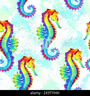 Motif sans couture d'hippocampes arc-en-ciel, polygonal, artistiquement peints sur fond blanc avec des taches de peinture bleue. Hippocampe arc-en-ciel. Illustration de Vecteur