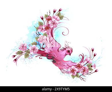 Oiseau fantastique rose avec des ailes décorées de fleurs de cerisier roses sur fond blanc. Cerise japonaise fleurie. Illustration de Vecteur