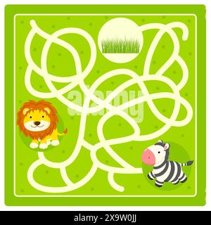 Aidez le petit zèbre à trouver le chemin de l'herbe. Labyrinthe pour enfants d'âge préscolaire. Jeu de labyrinthe pour les enfants avec zèbre de bande dessinée et lion. Jeu de puzzle pour enfants. Vecteur illus Banque D'Images