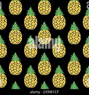 Motif sans couture d'ananas sur fond noir. Illustration de Vecteur