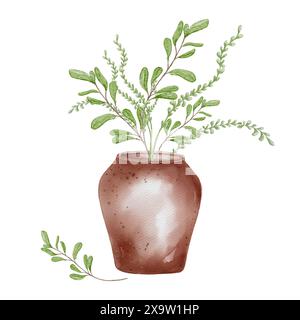 Vase marron illustration aquarelle artisanale isolée. Plantes couleur pastel dans un grand vase large dessiné à la main. Vase fait main avec des feuilles et des tiges. Elem Banque D'Images