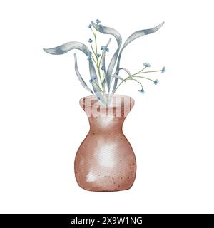 Vase en argile rose artisanal et petites fleurs bleues illustration aquarelle isolée. Feuilles et tige couleur pastel dans un vase large dessiné à la main. Élément pour Banque D'Images