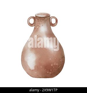 Vase en céramique rose fait à la main dans l'illustration aquarelle isolé. Vase formes uniques avec deux poignées rondes dessinées à la main. Vase simple à l'esthétique rustique. Banque D'Images