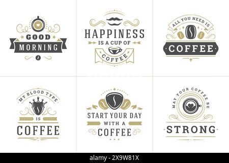 Café citations typographique vintage style typographique illustrations vectorielles de phrases inspirantes ensemble. Promotion de la boutique en grains de café et symboles de tasse. Illustration de Vecteur