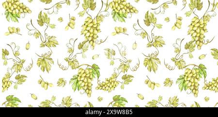 Motif sans couture. Grappes de raisins jaunes, vigne, baies, feuilles. Pour les menus, recettes, étiquettes de vin et de jus, cartes de visite, cartes postales, invitations, Pa Banque D'Images