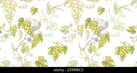 Motif sans couture grappes de raisin jaune, vigne, baies, feuilles, verre de vin blanc. Pour les menus, recettes, étiquettes de vin et de jus, cartes de visite, cartes postales Banque D'Images