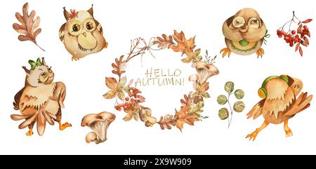 Thème d'automne d'illustration d'aquarelle pour enfants. Cute Funny Owls, laisse différentes formes, brindilles, cônes. Motif sans couture. Pour Home textiles, enfants Banque D'Images