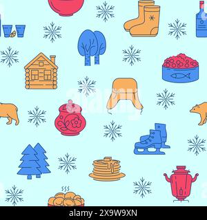 Modèle sans couture avec des symboles nationaux de nourriture et de vêtements russes dans le style de ligne. Illustration vectorielle. Illustration de Vecteur