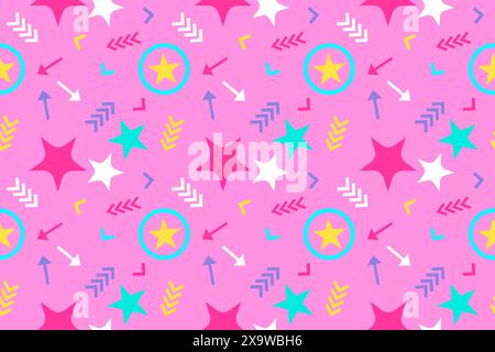 Motif sans couture coloré de style Memphis avec des étoiles et des flèches sur un fond rose. Parfait pour les textiles, les arrière-plans et le design. Illustration de Vecteur