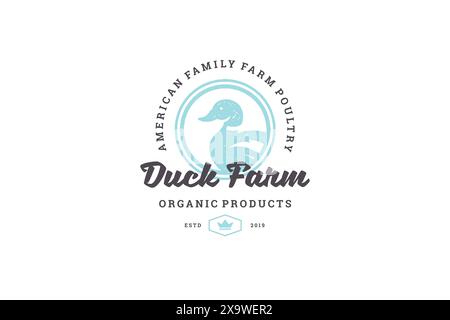 Logo dessiné à la main silhouette de canard de volaille et illustration vectorielle de style rétro de typographie vintage moderne. Logotype d'oiseau de canard pour packagis de marché de viande de ferme Illustration de Vecteur