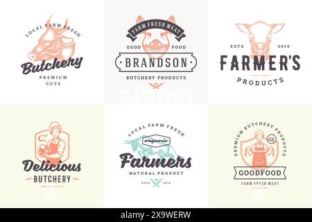 Logos dessinés à la main et étiquettes animaux de ferme avec typographie vintage moderne illustration vectorielle de jeu de style dessiné à la main. Silhouettes de taureau, de tête de porc et d'agneau Illustration de Vecteur