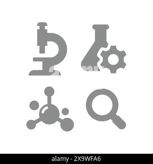 Jeu d'icônes vectorielles de chimie et de science. Tubes à essai, microscopes, icônes de recherche et de découverte. Illustration de Vecteur