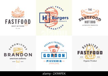 Logos et étiquettes de restauration rapide dessinés à la main avec illustration vectorielle de jeu de style rétro de typographie vintage moderne. Silhouettes de hamburger, pizza et hot-dog pour env Illustration de Vecteur