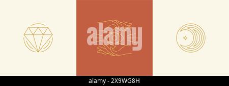 Ensemble d'éléments de conception de décoration de ligne vectorielle - illustrations de mains de lune et de gestes style linéaire minimal simple. Regroupez des graphiques de contour mystiques pour lo Illustration de Vecteur