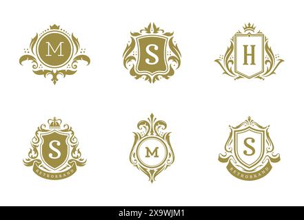 Ornement vintage de luxe logo monogramme modèles de crête design set illustration vectorielle. Vignettes de la marque royale ornées bon pour la boutique ou le journal de restaurant Illustration de Vecteur