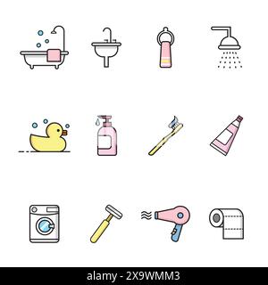 ensemble vectoriel de dessin animé mignon de fournitures de salle de bains isolé sur fond blanc Illustration de Vecteur