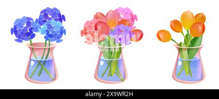 Bouquets de fleurs dans des vases en verre isolés sur fond blanc. Illustration de dessin animé vectoriel de bouquets floraux coupés frais dans des cruches transparentes avec wate Illustration de Vecteur