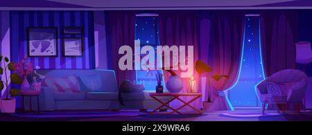 Intérieur du salon la nuit - maison bleu foncé à l'intérieur avec fenêtres et lumière rose de la lampe à bougie. Dessin animé vecteur appartement de minuit avec chat sleepi Illustration de Vecteur
