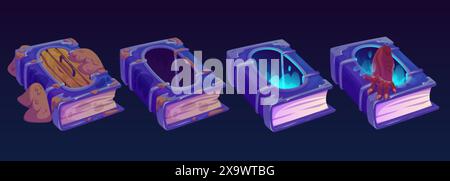 Livre de magicien avec porte et trou. Littérature de sorcière effrayante de vecteur de dessin animé. Manuel de sorcellerie mystère avec des pages de papier et un écart dans la couverture rigide à dun Illustration de Vecteur