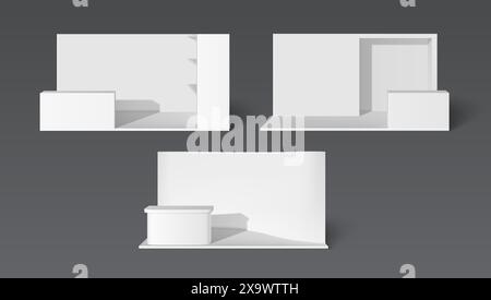 Maquettes de stand d'exposition 3D isolées sur fond. L'illustration réaliste vectorielle montre la pièce avec des murs blancs, des étagères vides pour le présentati de produit Illustration de Vecteur