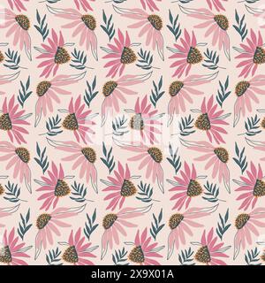 Charmant motif sans couture avec des coneflowers violets stylisés de couleur rose et un feuillage luxuriant. Illustration vectorielle dessinée à la main. Illustration de Vecteur