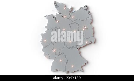 Rendu 3D de la carte de l'Allemagne avec capitales d'État mises en évidence Banque D'Images