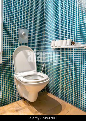 La salle de bains moderne comprend des toilettes murales avec des murs en mosaïque bleue et une étagère contenant des rouleaux de papier hygiénique. Banque D'Images