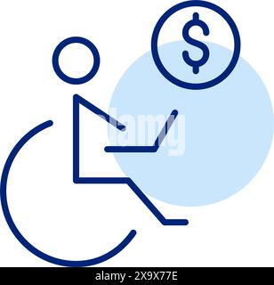 Utilisateur technologique inclusif. Environnement d'espace de travail accessible. Personne handicapée en fauteuil roulant à l'ordinateur portable et signe dollar Illustration de Vecteur