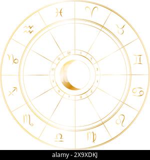 Roue d'or du cercle vecteur du zodiaque astrologique avec des signes du zodiaque pour la prévision de l'horoscope Illustration de Vecteur