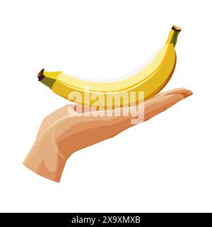 Banane jaune fraîchement et saine dans la paume de la main isolé sur fond blanc. Illustration vectorielle dans un style plat avec des fruits. Clipart pour carte Illustration de Vecteur