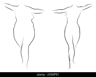 Conceptuel graisse surpoids femme vs Slim FIT corps sain après la perte de poids ou le régime avec les muscles mince jeune femme. 3D illustration de la forme physique Banque D'Images