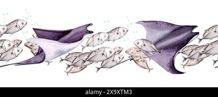 Raies manta violettes nageant avec un banc de poissons. Conception de récif corallien sous-marin de la mer frontalière sans couture. Illustration d'aquarelle dessinée à la main isolée Banque D'Images