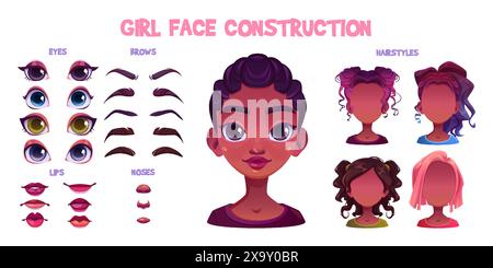 Ensemble de construction de visage de fille africaine isolé sur fond blanc. Illustration vectorielle de dessins animés d'éléments d'avatar de personnage adolescent féminin, coiffures blondes et brunes, yeux de couleur, sourcils, lèvres, nez Illustration de Vecteur