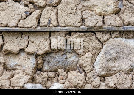 Photographie rapprochée de l'ancien mur d'adobe d'un hangar, dans une ferme dans les montagnes andines orientales du centre de la Colombie. Banque D'Images