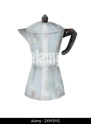 Cafetière moka de style rustique et vintage avec une finition métallique, parfaite pour une ambiance de cuisine confortable. Objet isolé sur fond blanc pour la conception d'un livret, flyer, e-pack, étiquette ou publicité. Art numérique dans le style aquarelle. Banque D'Images