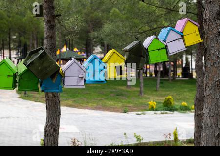 Nids d'oiseaux colorés accrochés à une corde dans le parc de la ville. Banque D'Images