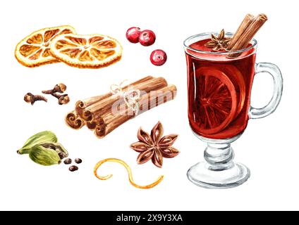 Verre de vin chaud avec ensemble d'ingrédients, illustration d'aquarelle dessinée à la main isolé sur fond blanc Banque D'Images