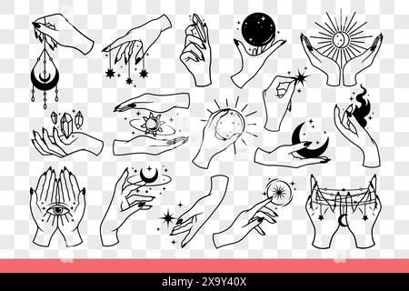 Objets pour les rituels occultes dans les mains des sorcières et des diseurs de bonne fortune qui utilisent des pratiques ésotériques pour la sorcellerie. Talismans occultes pour prédire l'avenir et communiquer avec les morts. Gribouille dessinée à la main Illustration de Vecteur