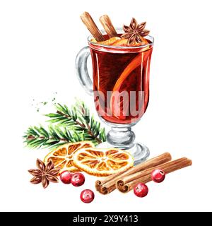 Vin chaud chaud et épices de Noël tranches d'orange séchées, anis étoilé et bâtonnet de cannelle, canneberges et branche de sapin. Illustration d'aquarelle dessinée à la main Banque D'Images