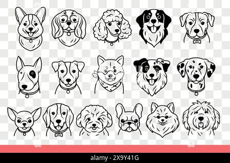 Les visages des chiens de différentes races regardent l'écran avec des émotions positives, se réjouissant de rencontrer le propriétaire. Chiens animaux de compagnie avec et sans colliers pour la conception intérieure d'abri ou magasin pour animaux de compagnie. Gribouille dessinée à la main Illustration de Vecteur