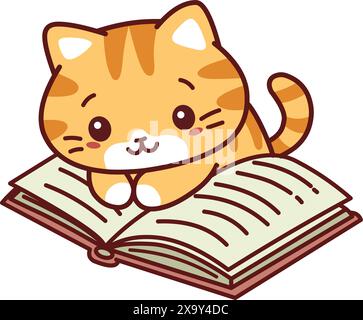 Chat chaton au gingembre mignon lisant un livre Illustration de Vecteur