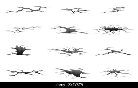 Fissures au sol. Tremblement de terre ou sécheresse. Découper la surface. Trous 3D profonds. Masse endommagée. Mur ou plancher en béton en ruine fissuré. Fissures de destruction Illustration de Vecteur