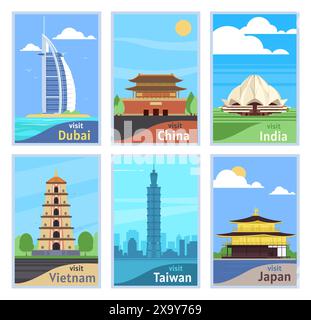 Cartes asiatiques de voyage des monuments. Destinations touristiques. Objets architecturaux modernes et anciens. Gratte-ciel de ville. Les pagodes historiques. Temples et Illustration de Vecteur